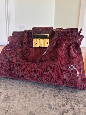 Tory Burch Burgundy Snake-Print Satchel Bag with Gold Lock